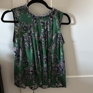 Sea New York Silk Green Pattern Top with Fringe Collar